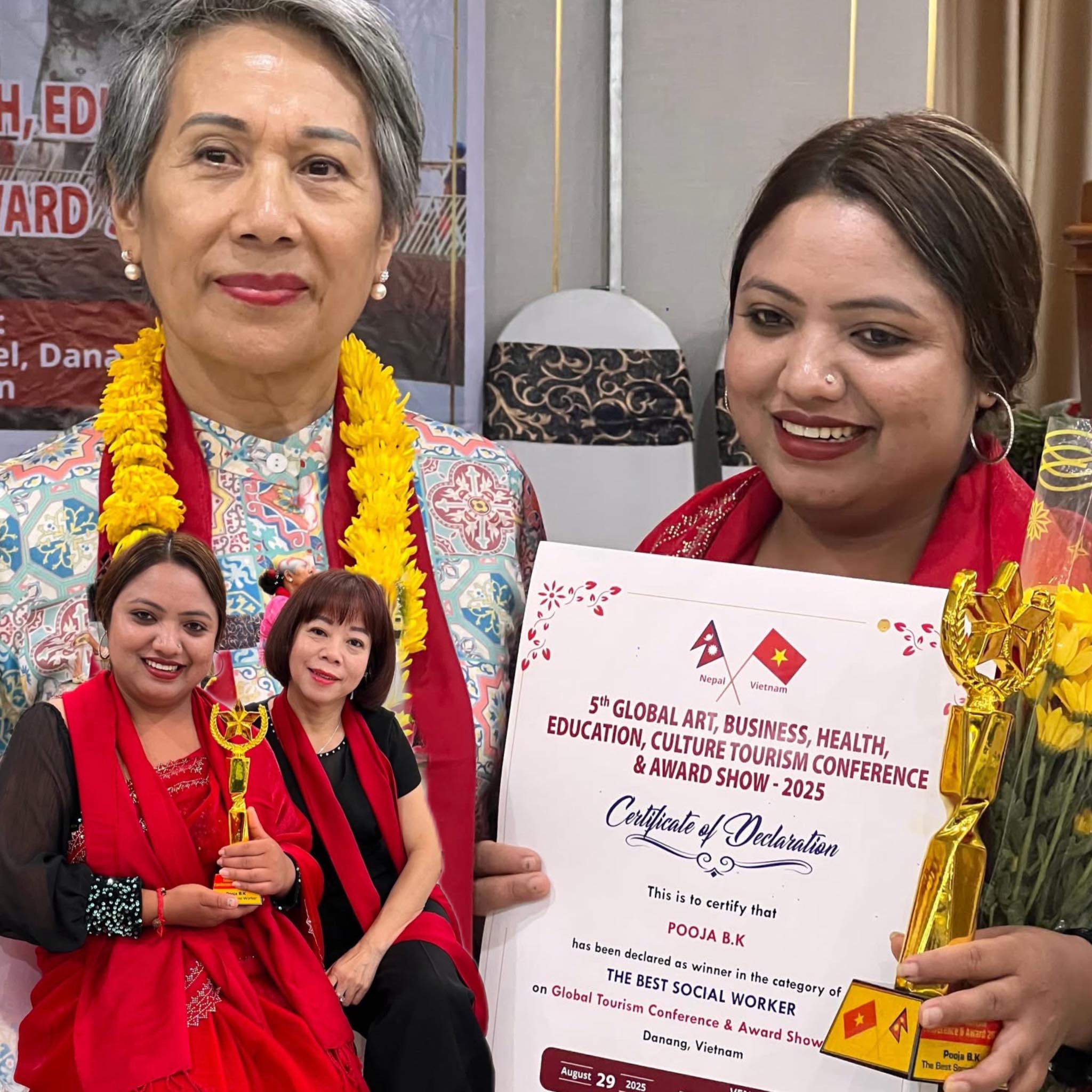 भियतनामकी वरिष्ठ समाजसेवी तथा राष्ट्रपति परिवारकी खम्बा ह्विन थि लिउद्वारा पूजा विश्वकर्मा सम्मानित